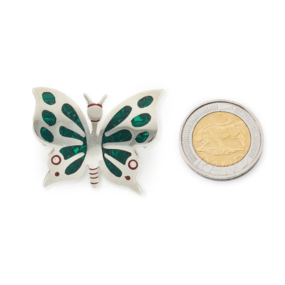 Rare vintage sterling silver Mexican butterfly brooch with green malachite inlay and red enamelling. Can also be worn as a brooch. Los Ballesteros