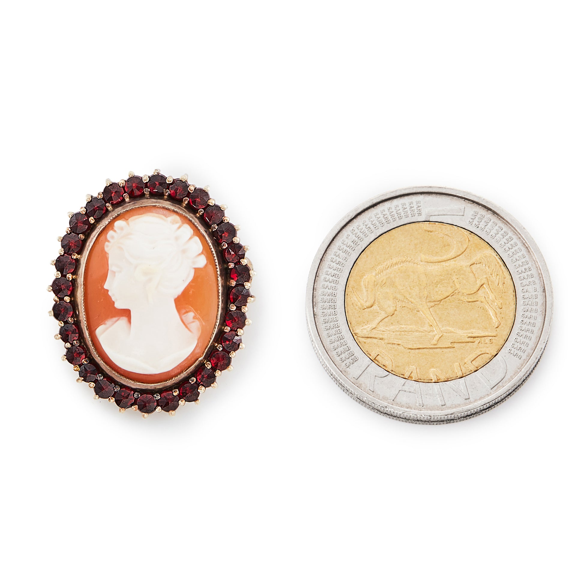 Pretty silver gilt cameo surrounded by twenty-eight deep red faceted Bohemian garnets.