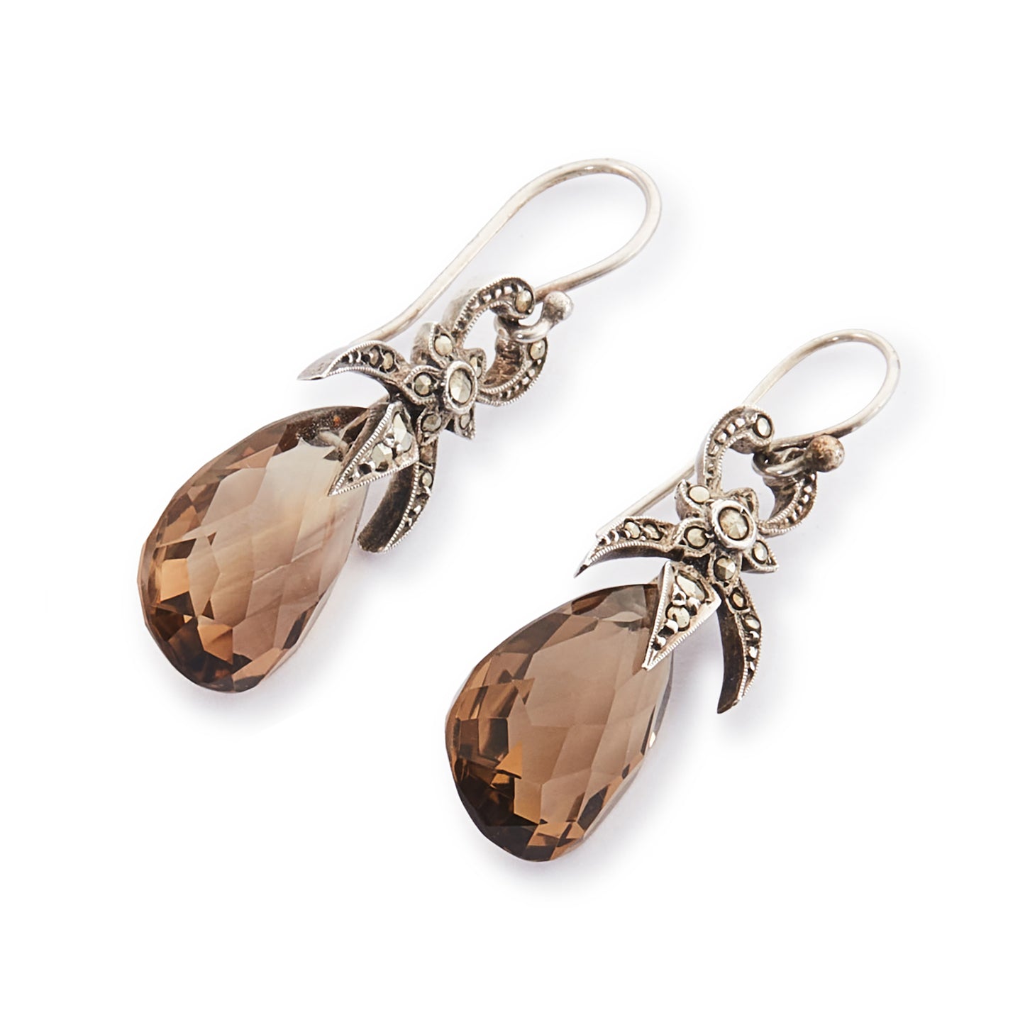 Lovely Art Deco silver dangling earrings set with marcasites and beautifully faceted pear-shaped smokey quartz drops.
