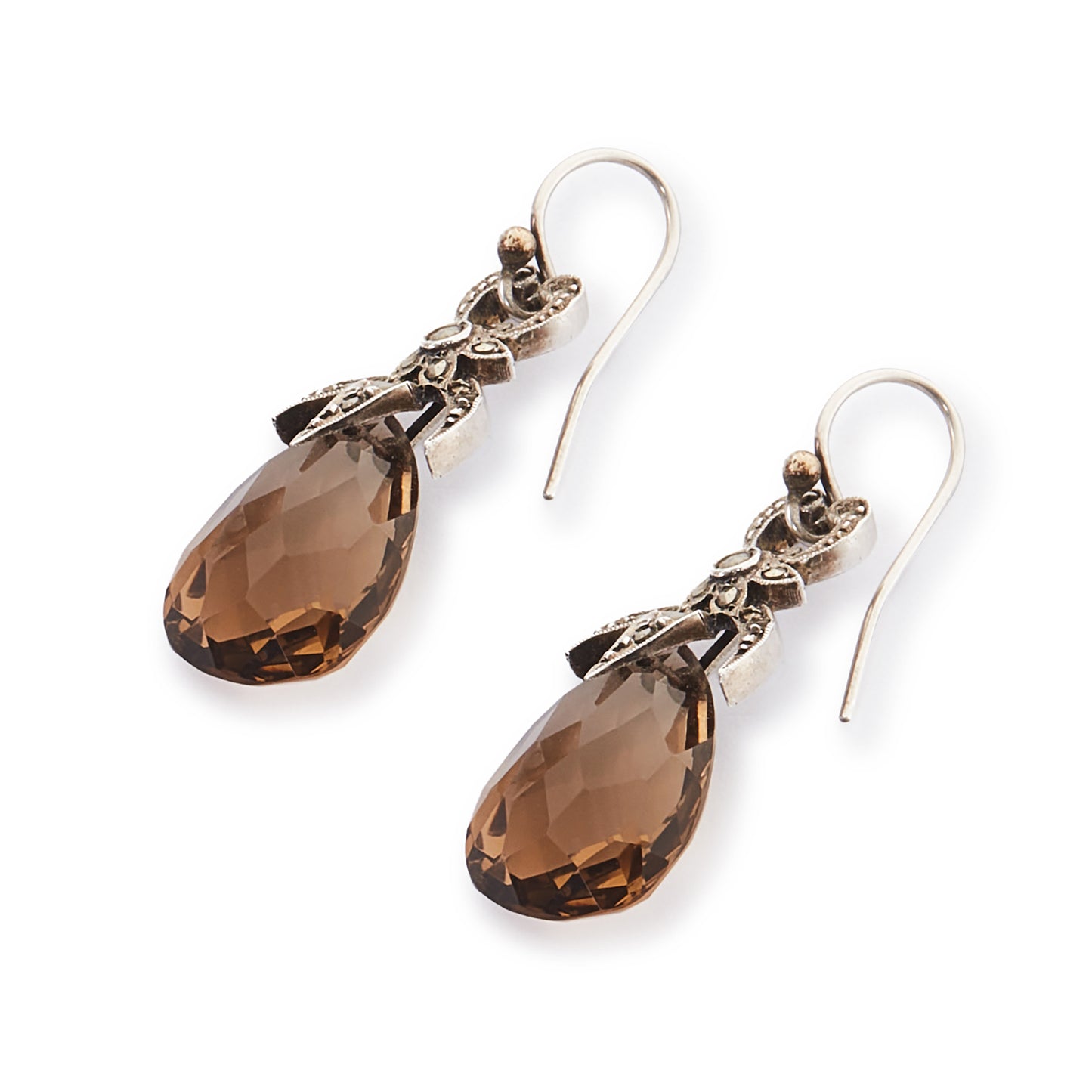 Lovely Art Deco silver dangling earrings set with marcasites and beautifully faceted pear-shaped smokey quartz drops.