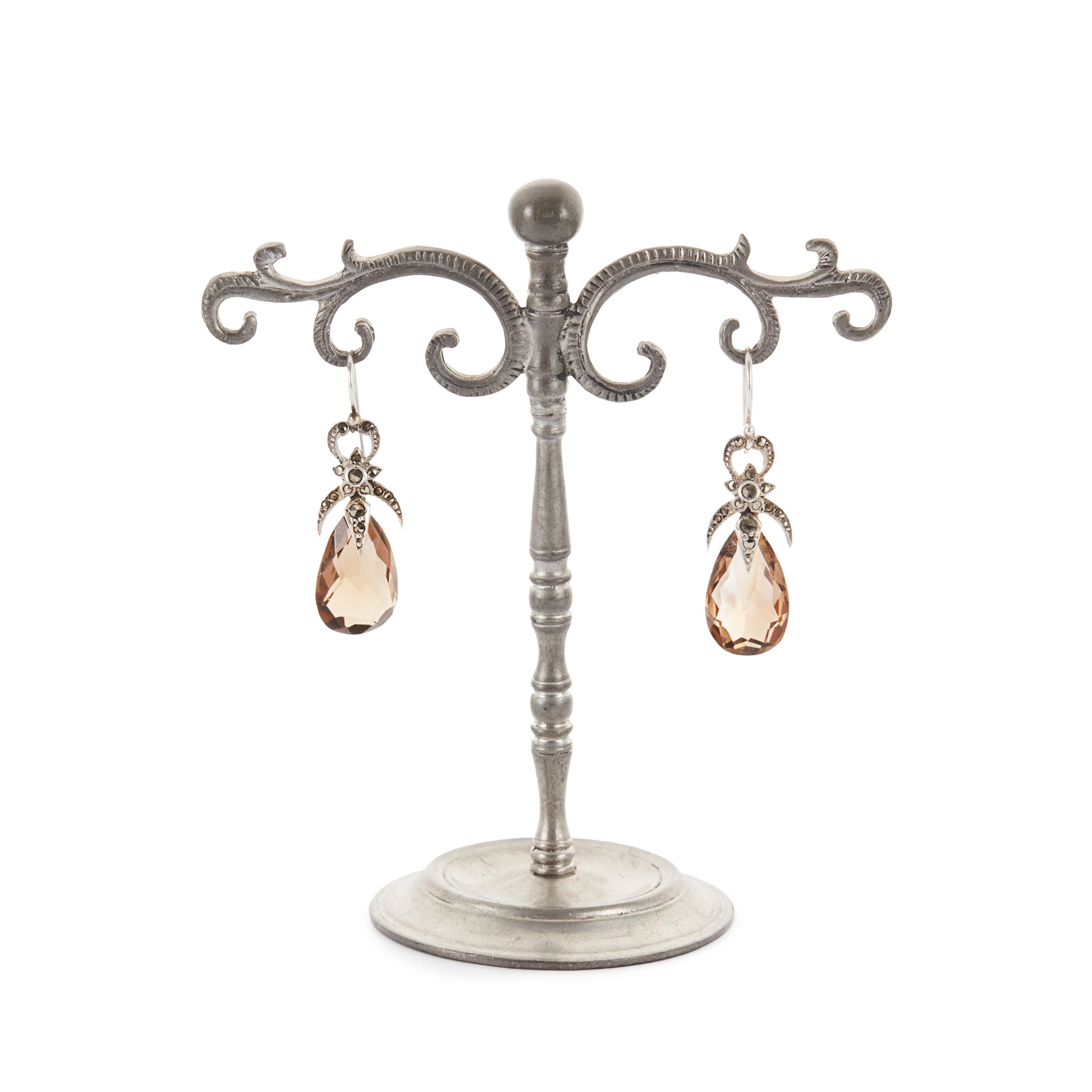 Lovely Art Deco silver dangling earrings set with marcasites and beautifully faceted pear-shaped smokey quartz drops.