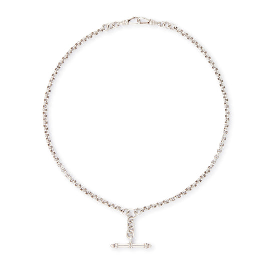 Classic vintage belcher link sterling silver fob chain with a t-bar and two dog-clips.