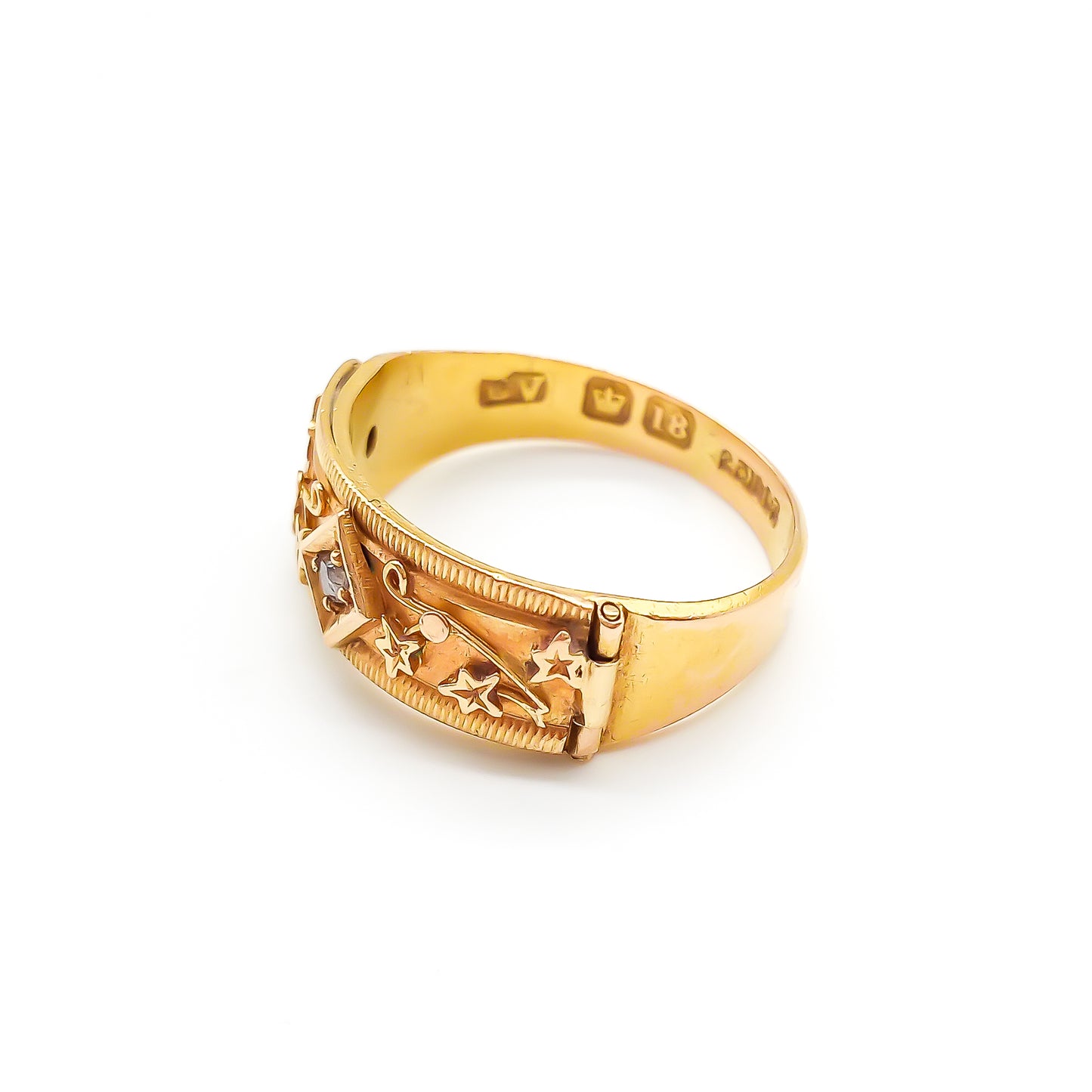 Rare 18ct gold Victorian REGARD ring set with a small mine-cut diamond and delicate leaf design.