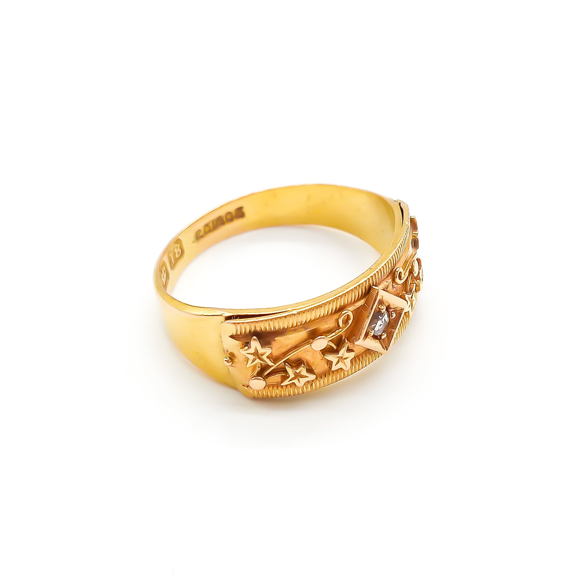 Rare 18ct gold Victorian REGARD ring set with a small mine-cut diamond and delicate leaf design.