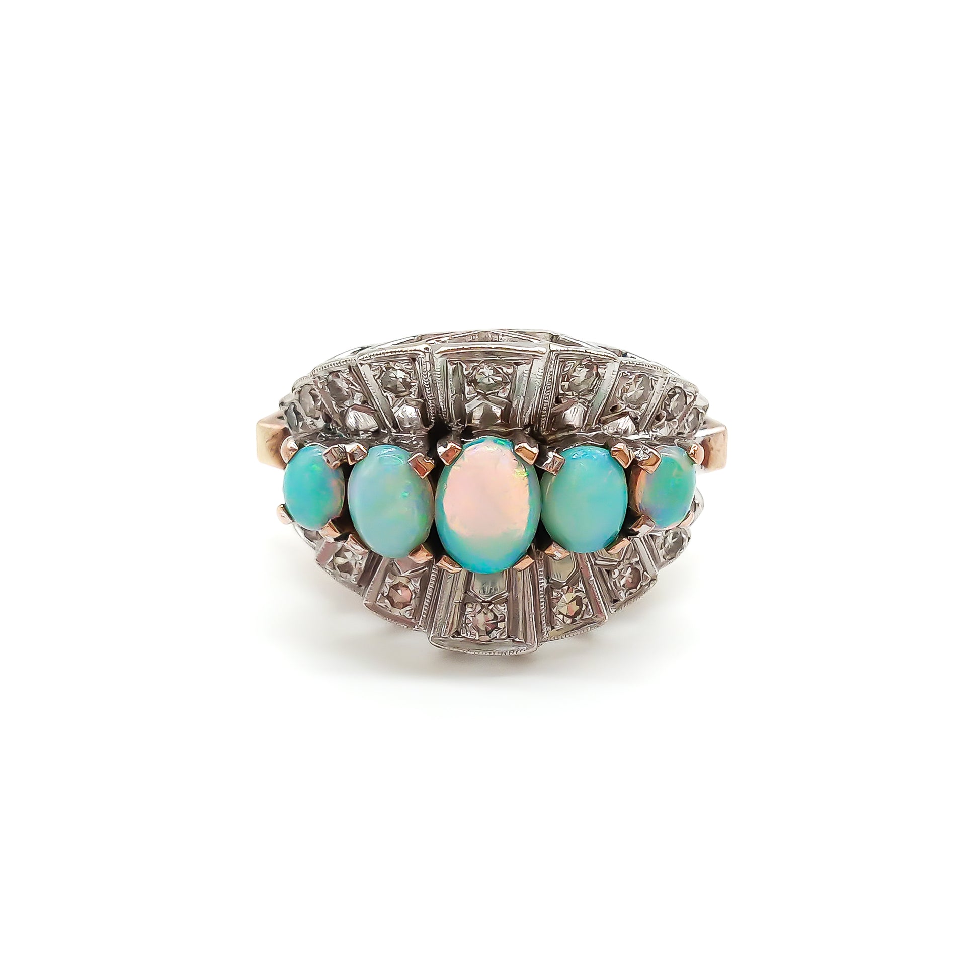 Gorgeous Art Deco 9ct rose and white gold diamond cocktail ring set with five luminescent oval opals.