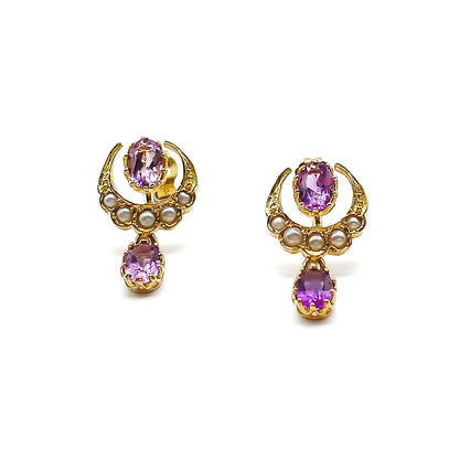 Edwardian 9ct Gold Amethyst and Seed Pearl Earrings