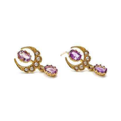 Edwardian 9ct Gold Amethyst and Seed Pearl Earrings