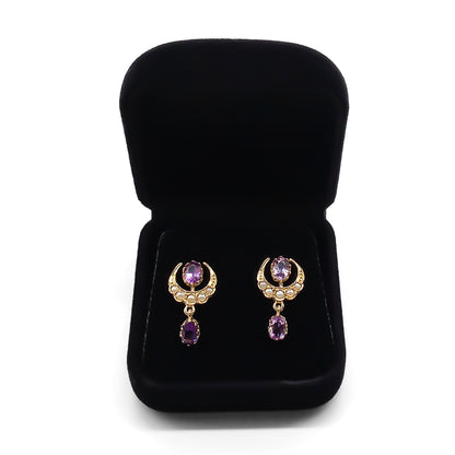 Edwardian 9ct Gold Amethyst and Seed Pearl Earrings