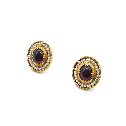 Gorgeous vintage silver gilt, cabochon garnet and seed pearl stud earrings.