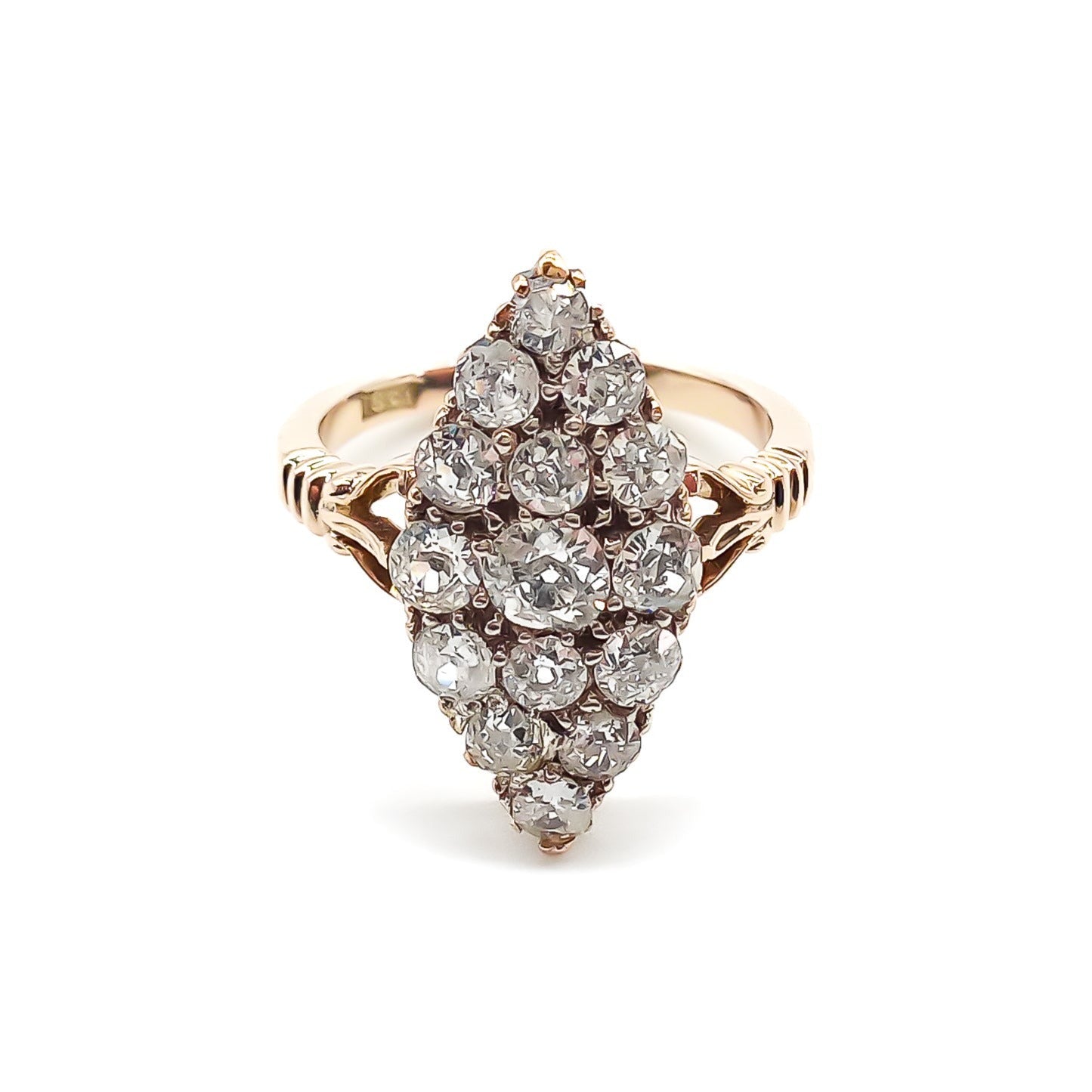 Gorgeous Victorian 18ct rose gold ring set with fifteen sparkling Old-European cut diamonds in a marquise shape.