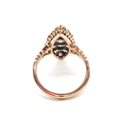 Gorgeous Victorian 18ct rose gold ring set with fifteen sparkling Old-European cut diamonds in a marquise shape.