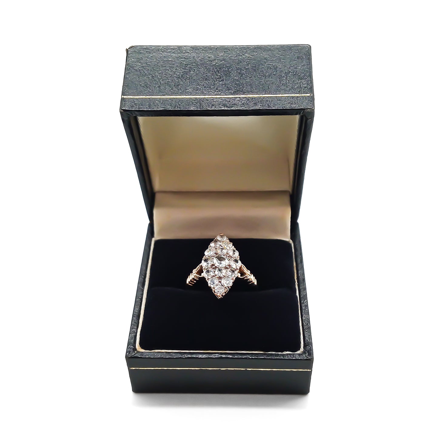 Gorgeous Victorian 18ct rose gold ring set with fifteen sparkling Old-European cut diamonds in a marquise shape.