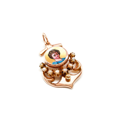 Pretty little 18ct rose gold anchor pendant with a hand-painted miniature portrait and seven seed pearls. Circa 1900