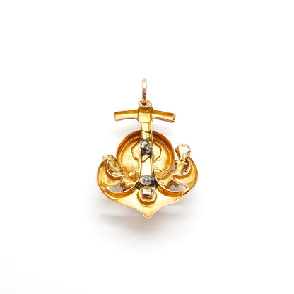 Pretty little 18ct rose gold anchor pendant with a hand-painted miniature portrait and seven seed pearls. Circa 1900