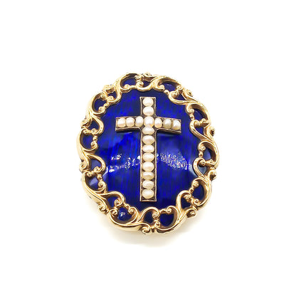 Stunning Victorian 9ct gold blue enamelled mourning pendant/brooch set with seed pearls in the shape of a cross.