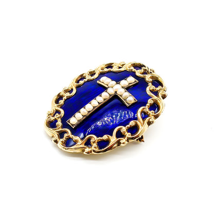 Stunning Victorian 9ct gold blue enamelled mourning pendant/brooch set with seed pearls in the shape of a cross.