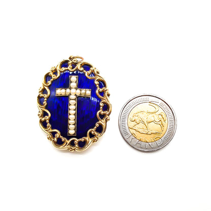 Stunning Victorian 9ct gold blue enamelled mourning pendant/brooch set with seed pearls in the shape of a cross.