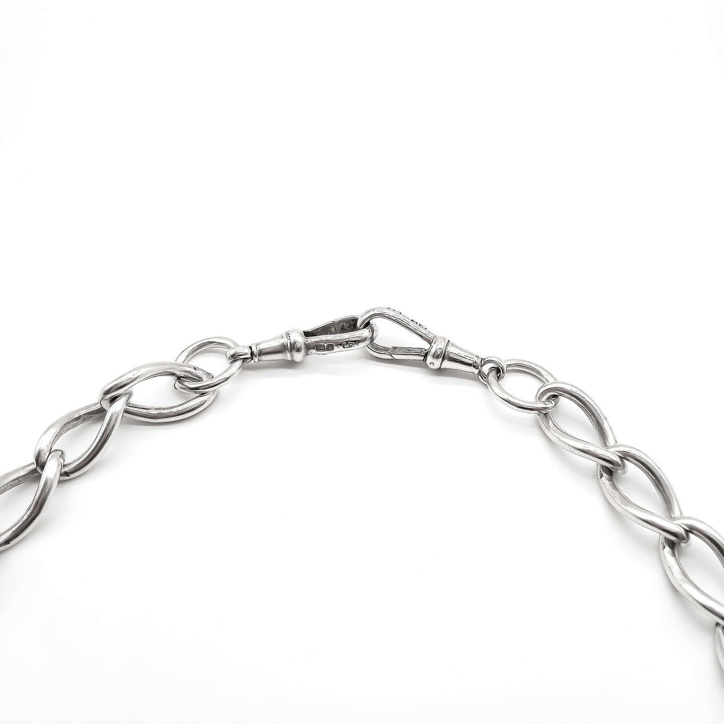 Chunky Victorian sterling silver curb-link fob chain with two dog clips and a t-bar. Every link is stamped.