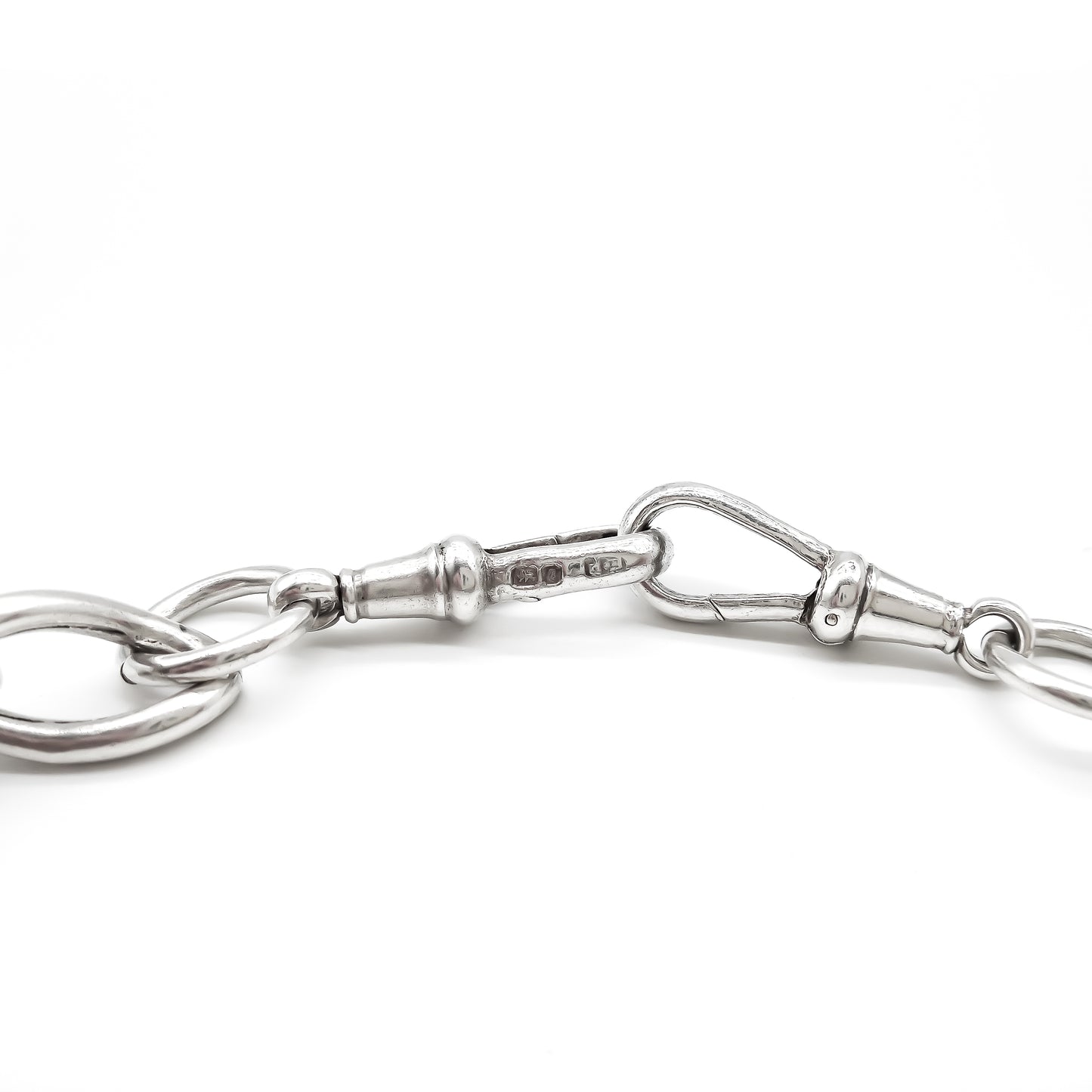 Chunky Victorian sterling silver curb-link fob chain with two dog clips and a t-bar. Every link is stamped.